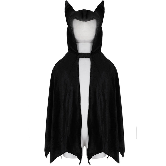 Great Pretenders verkleedcape vleermuis met capuchon en oren, getoond op een mannequin.