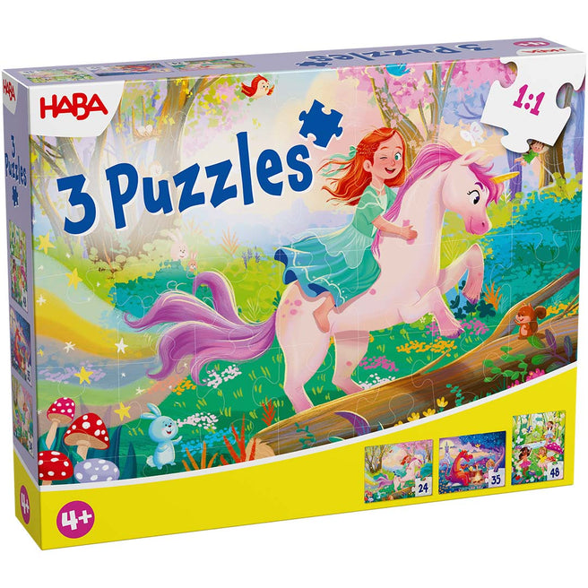 De HABA puzzelverpakking '3 Magische Dromen' toont een meisje op een eenhoorn in een sprookjesbos.