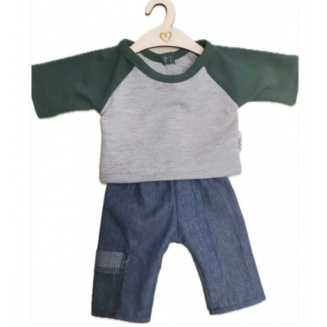 hollie poppenkleding jeans met zak en shirt groen 34 cm | HO3039 | 0
