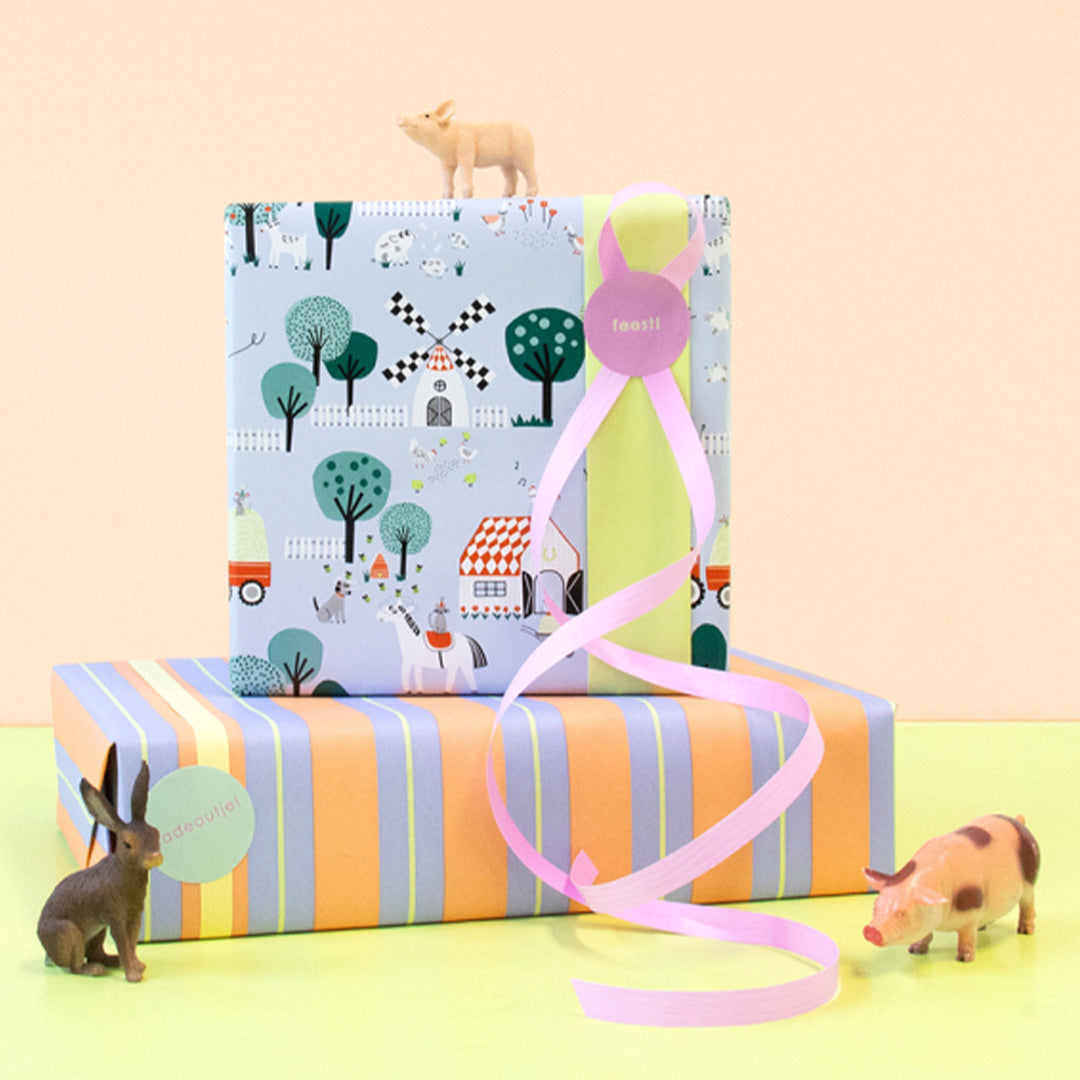 house of products papier cadeau ferme bleu - lime - 3 m