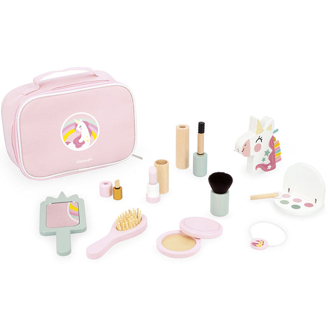 Janod houten make-up speelset met eenhoorn thema en roze beautycase.