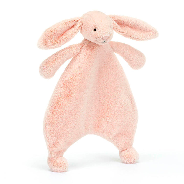 Jellycat roze pluchen knuffeldoek konijn, van voren gezien.