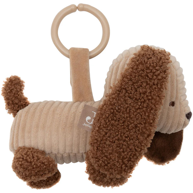 Jollein wagenhanger in de vorm van een beige en bruine pluche hond met een ophangring.
