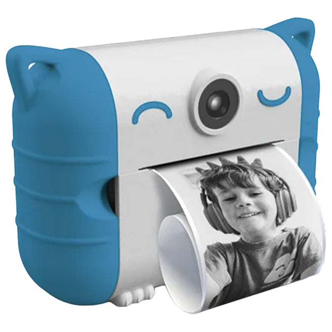 kidysnap kindercamera met thermische printer in blauw en wit, print een foto van een kind.