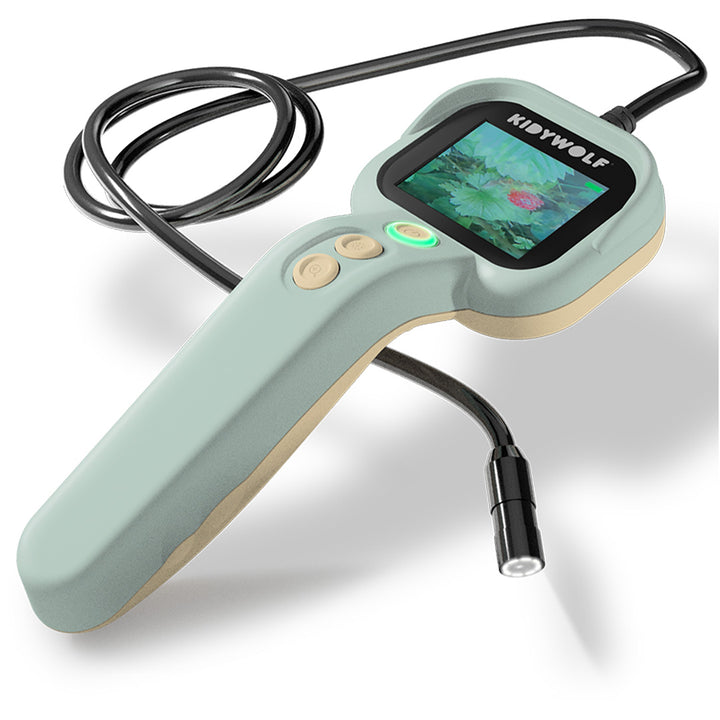 Kidywolf Kidyexplore natuurcamera met flexibele kabel en scherm waarop een bloem te zien is.