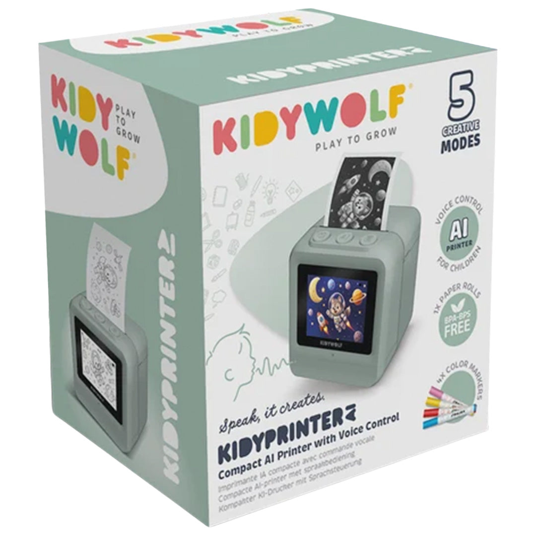 De verpakking van de Kidywolf Kidyprinter AI speelgoedprinter, schuin gefotografeerd, met productafbeeldingen en kenmerken.