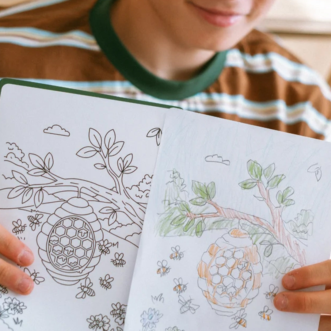 Handen houden een tekenboek vast met een oningekleurde en ingekleurde tekening van een bijenkorf.