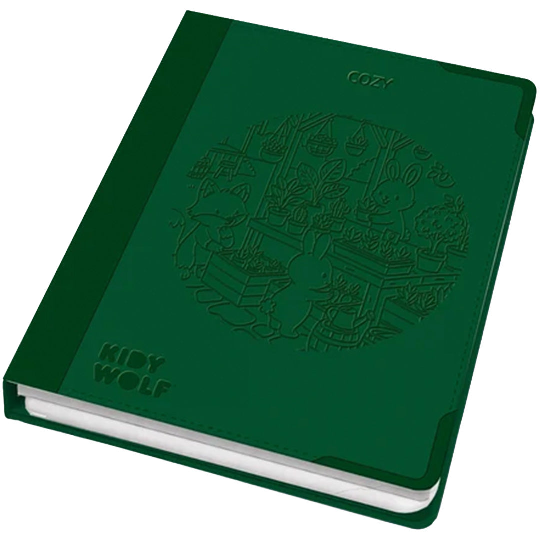 Gesloten Kidywolf tekenbord in donkergroen met een reliëftekening van een vos en konijn.