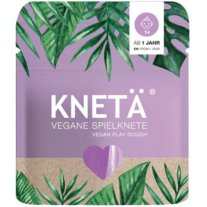 KNETÄ verpakking van vegan speelklei met paarse en groene bladeren, en een hartje.