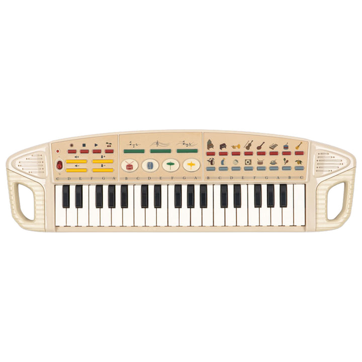 Konges Sløjd beige speelgoedkeyboard met zwarte en witte toetsen, van voren gezien.