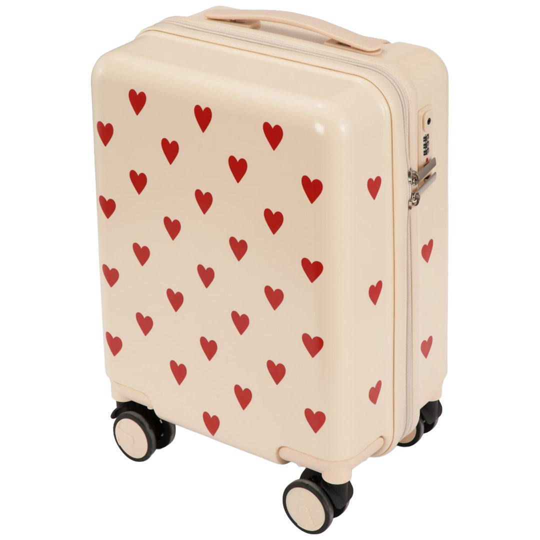 Konges Sløjd kinderkoffer met beige buitenkant en rood hartenpatroon.
