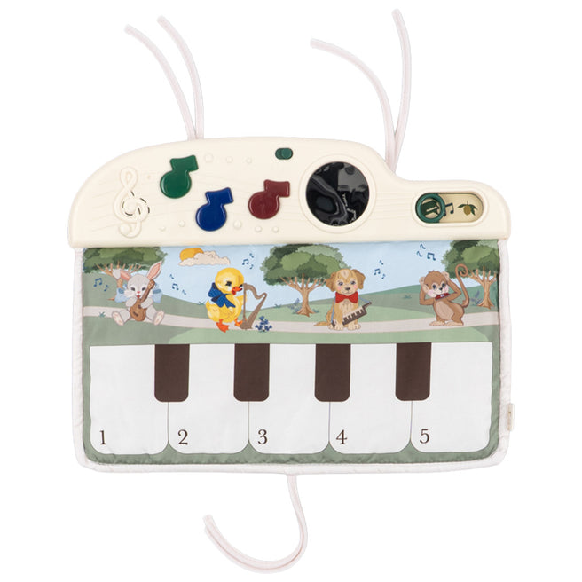 Konges Sløjd muzikale activiteitenmat voor baby's met een pianotoetsenbord en illustraties van dieren die instrumenten bespelen.