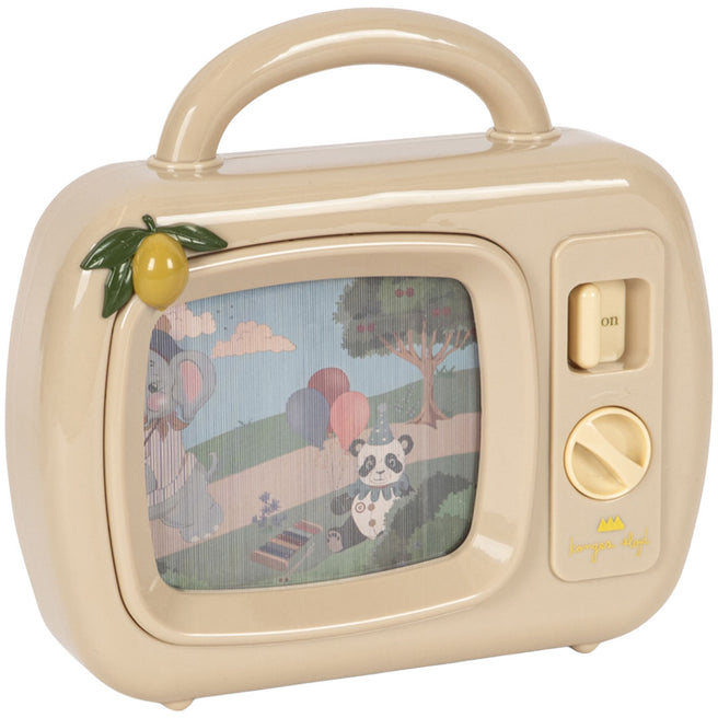 Konges sløjd beige muziek tv speeldoos met een scherm waarop een olifant en panda feestvieren.