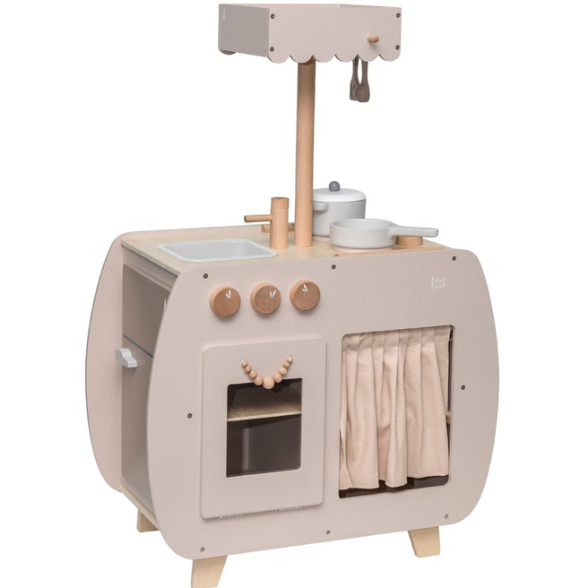 Label Label houten kinderkeuken bistro in beige met kookgerei en oven.