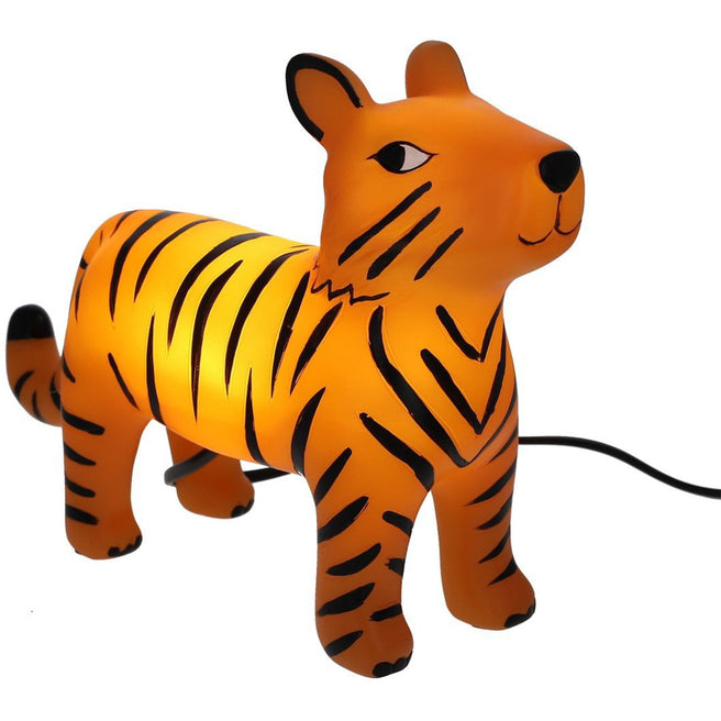 Le petit souk kinderlamp in de vorm van een oranje tijger, verlicht van binnenuit.