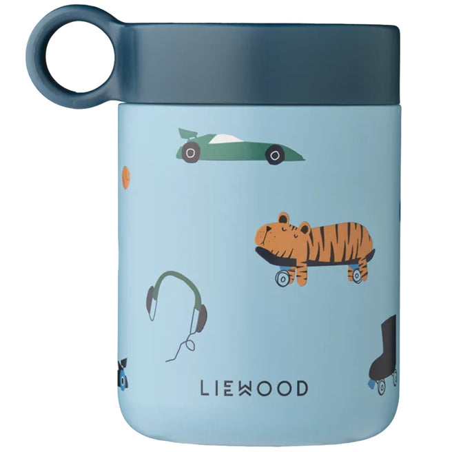 Liewood rvs thermoscontainer in blauw met patronen van een tijger, raceauto en koptelefoon.