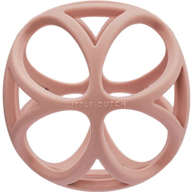 Roze Little Dutch siliconen grijpbal voor baby's met geometrisch patroon.