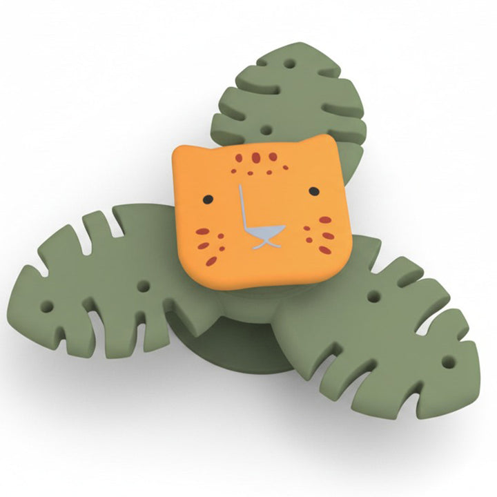 little l babyspeeltje spinner met een oranje tijgergezicht en groene bladeren op een witte achtergrond.