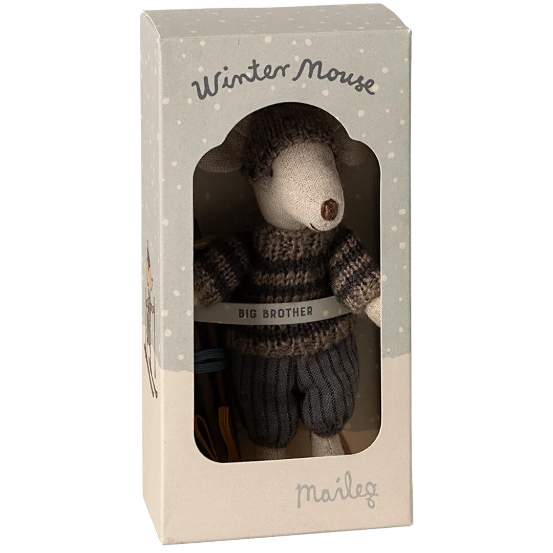 maileg knuffelmuis grote broer op ski's - grijs - 13 cm | 17-4211-00 | 1