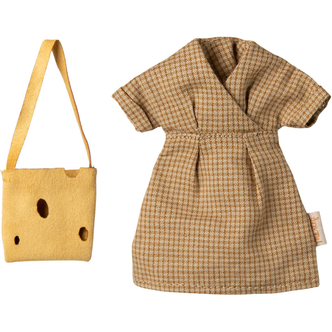 maileg poppenkleding moeder - geruite jurk en tas - 15 cm | 17-5308-00 | 0