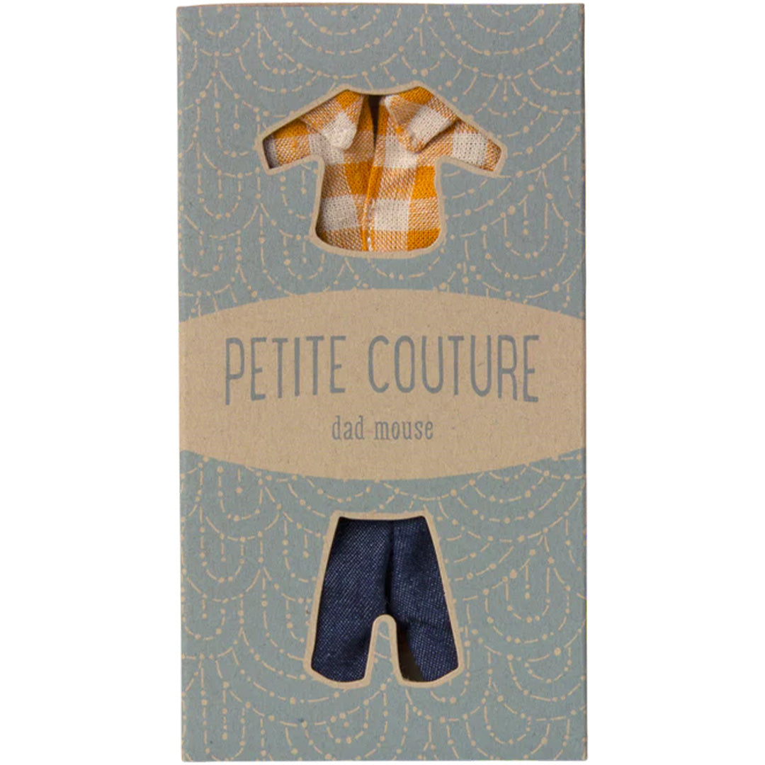 maileg poppenkleding vader - geel geruit overhemd en denim broek - 15 cm | 17-5307-00 | 1