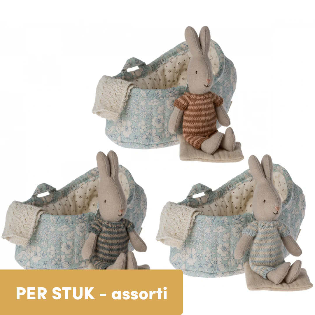 maileg knuffelkonijn in wieg blauw - micro - 11 cm - assorti | 16-1023-10 | 0