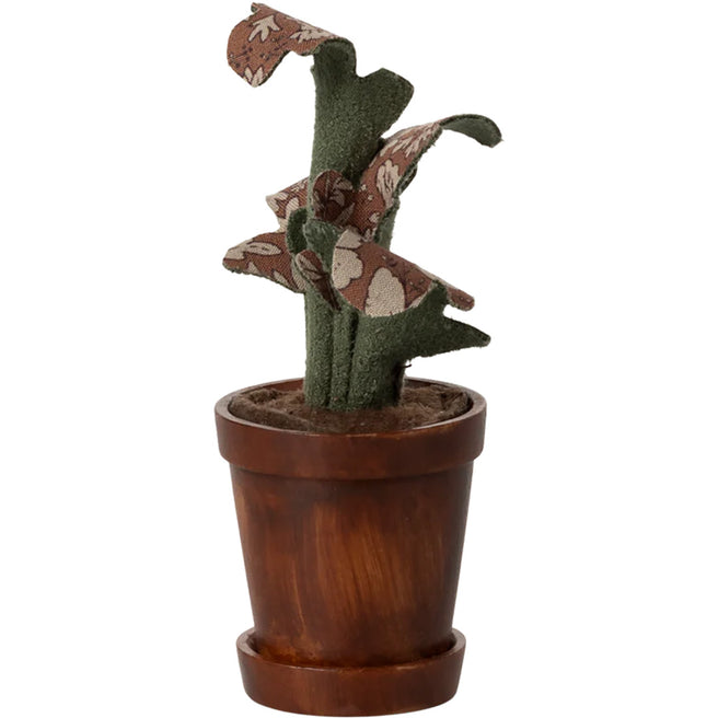 Maileg poppenhuis bloempot met een stoffen plant met bruin patroon.