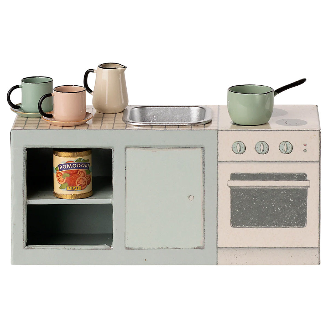maileg poppenhuis fornuis en aanrecht met kookgerei - 13 cm | 11-5204-00 | 0