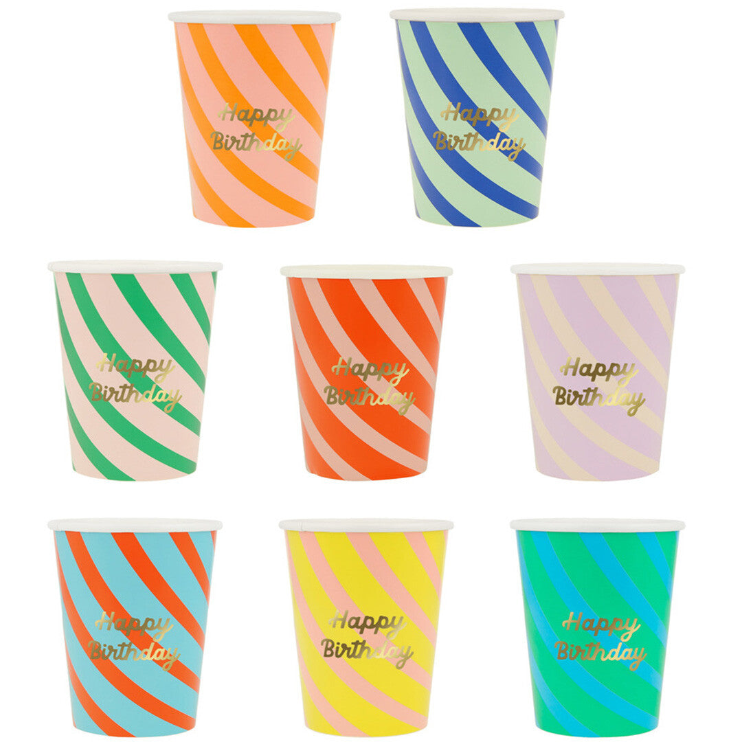 meri meri bekers happy birthday gestreept – 8st | 273812 | 0