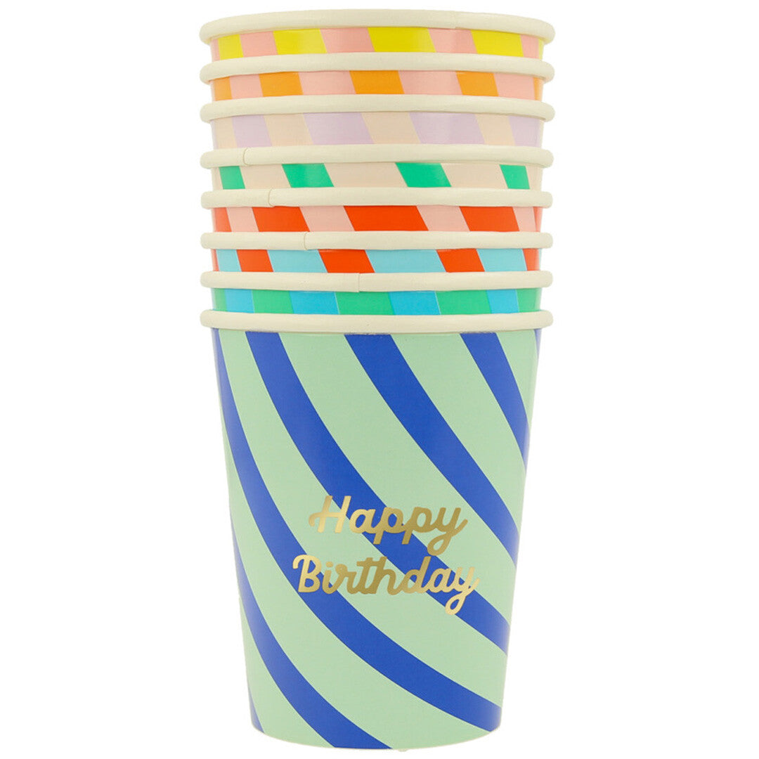 meri meri bekers happy birthday gestreept – 8st | 273812 | 3