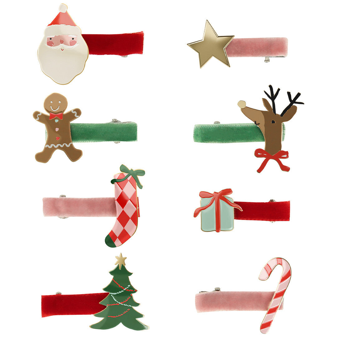 Meri Meri haarclips met acht verschillende kerstfiguren zoals de kerstman, een rendier en een kerstboom.