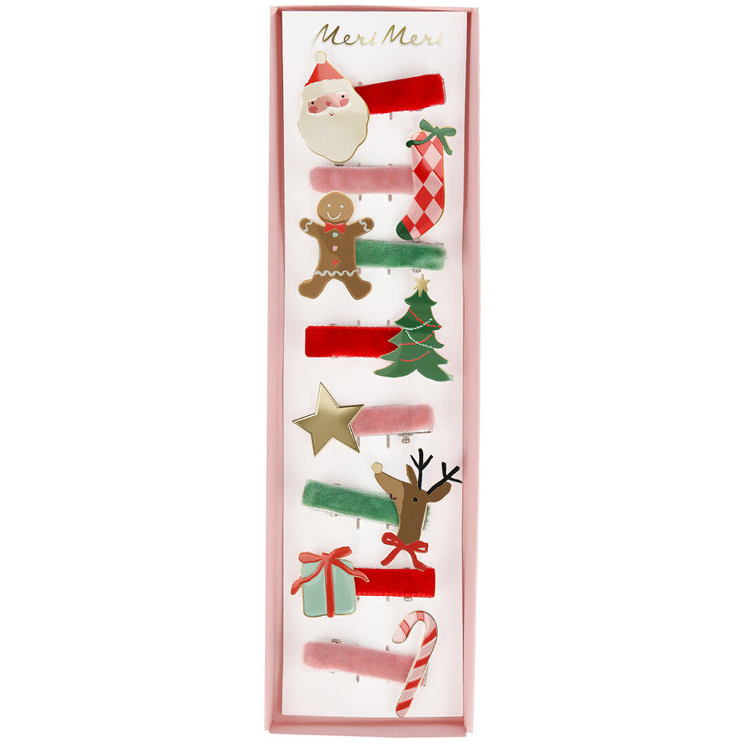 De Meri Meri kerst haarclips set van acht stuks in de verpakking.