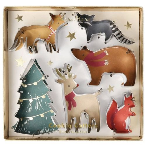 Meri Meri set van zes kerst- en dierenkoekvormen in een doos, met onder andere een vos, wasbeer, beer, kerstboom, rendier en eekhoorn.