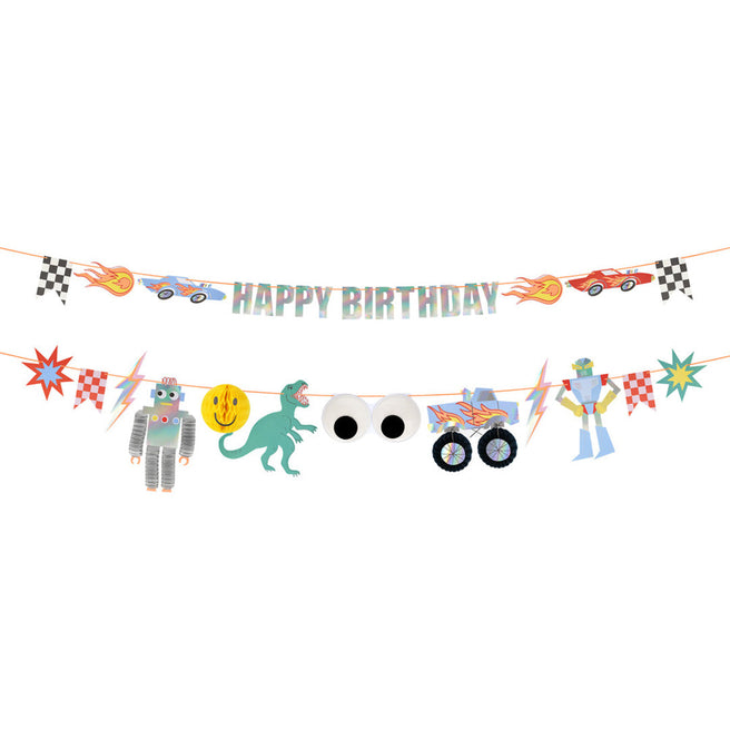 Meri Meri slinger met diverse toybox iconen zoals raceauto's, robots, een dinosaurus en een monster truck, en de tekst 'HAPPY BIRTHDAY'.