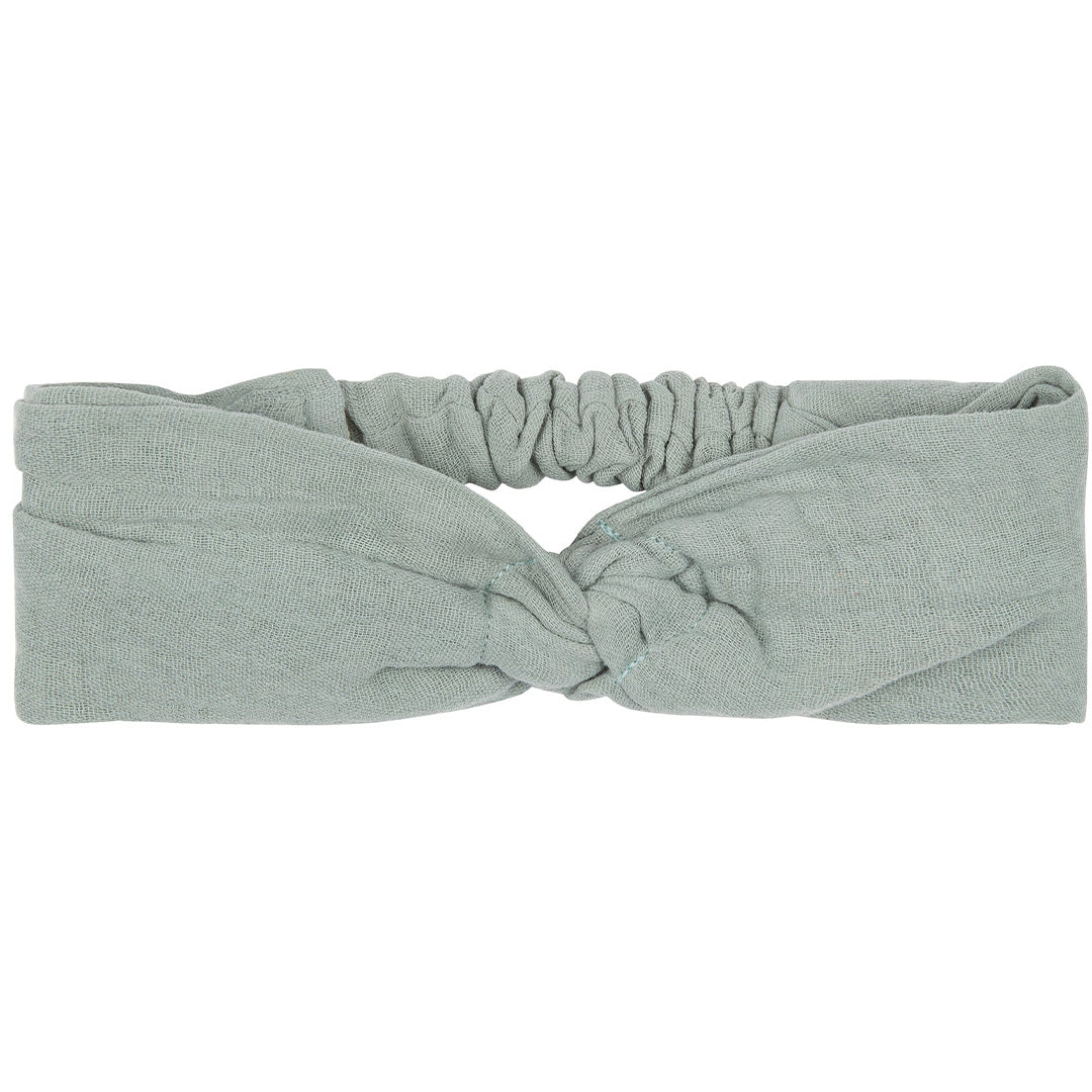 mimi & lula babyhaarband met knoop in blauw, plat gefotografeerd.