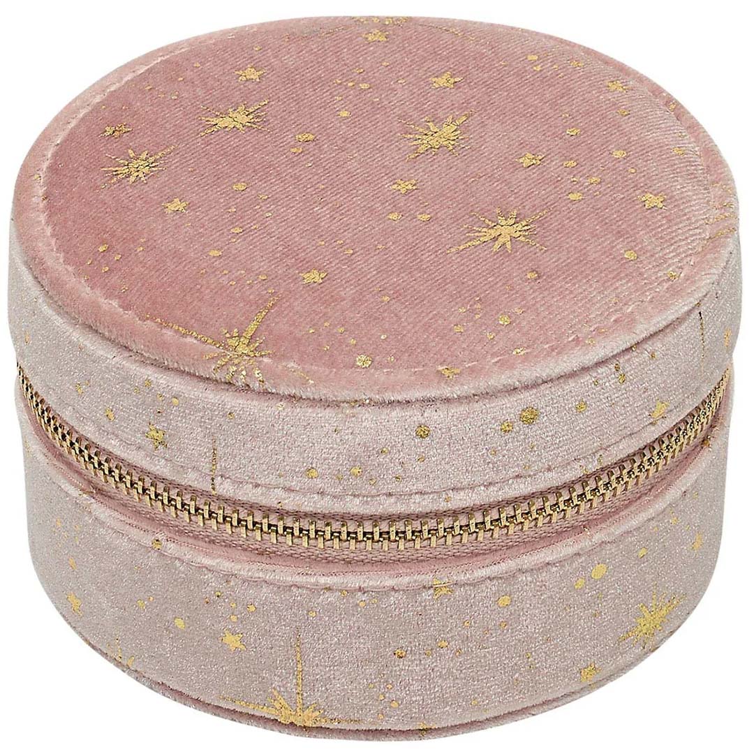 Mimi & Lula rond roze fluwelen sieradendoosje met gouden sterren en rits.