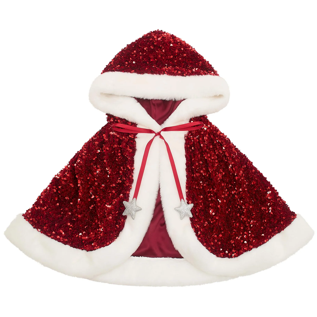 mimi & lula rode Mrs Claus kinder verkleedcape met pailletten, witte bontrand en sterbedels, plat gefotografeerd.