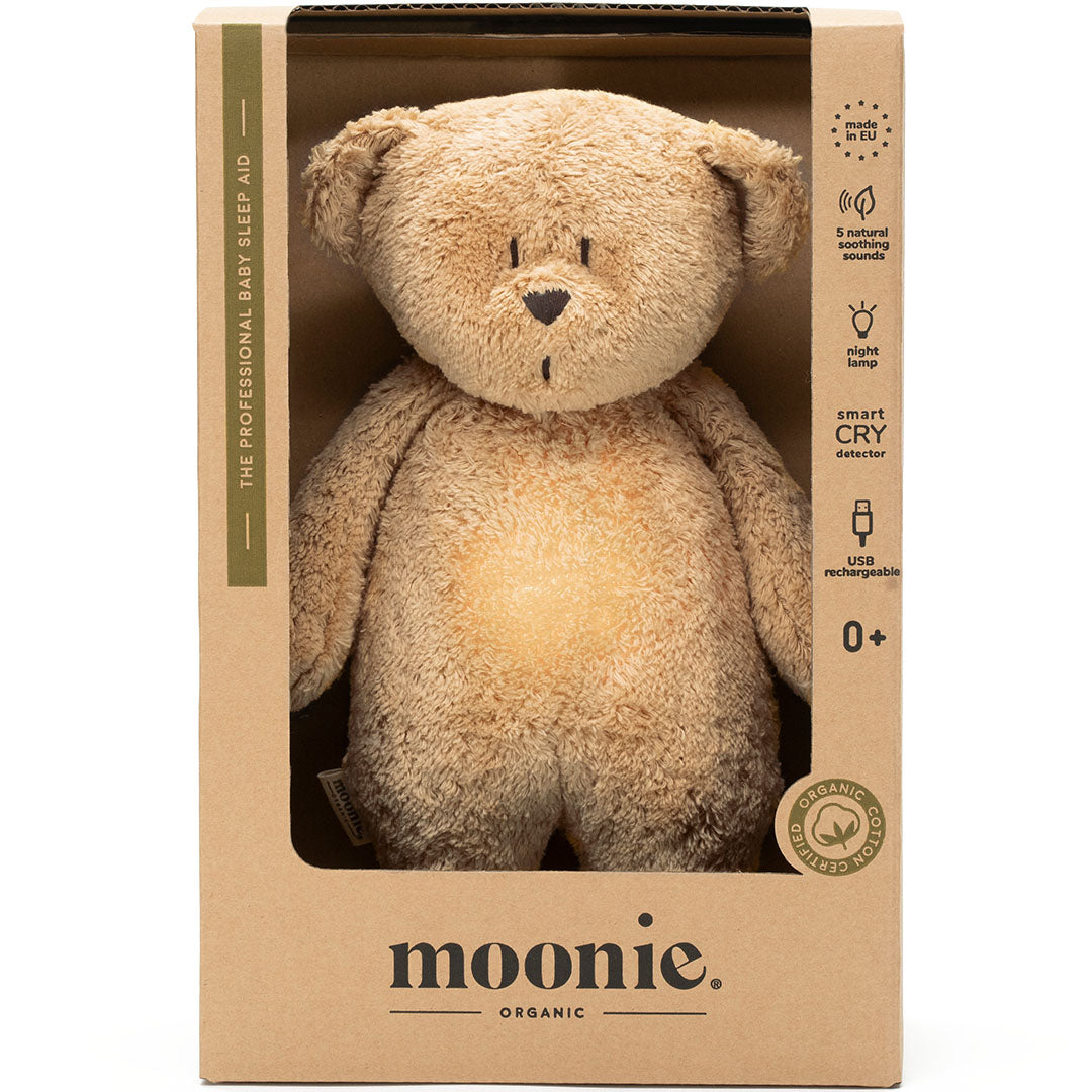 moonie 2.0 next gen knuffelbeer met nachtlamp en geluid – cappuccino natur – 28 cm | MCA2 | 1