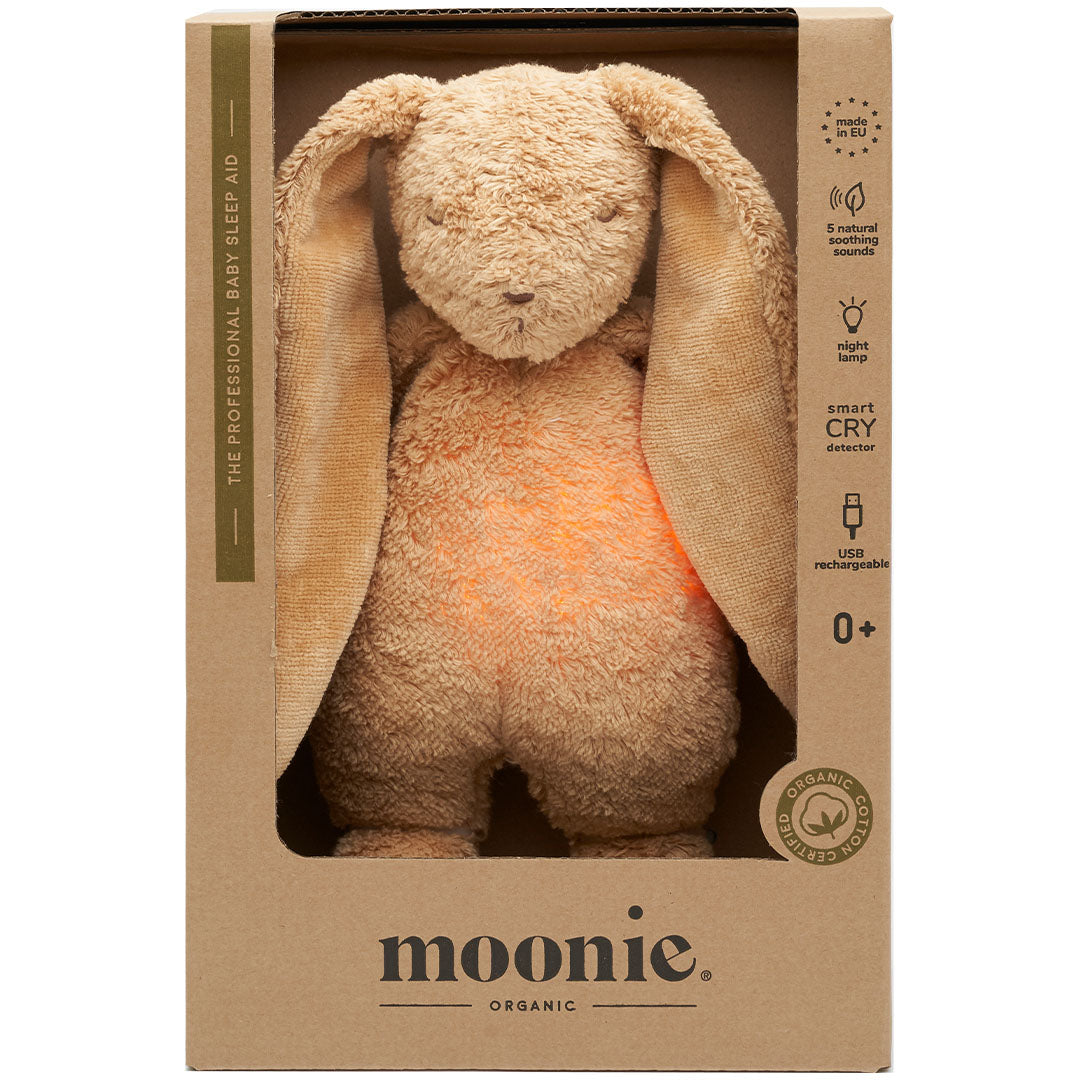 moonie 2.0 next gen knuffelkonijn met nachtlamp en geluid - cappuccino natur - 28 cm | KCA2 | 1