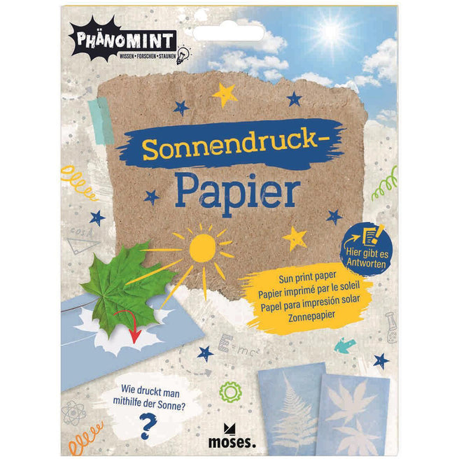 Verpakking van de moses. zonnepapier hobbyset met illustraties van bladeren en zonnedruk.