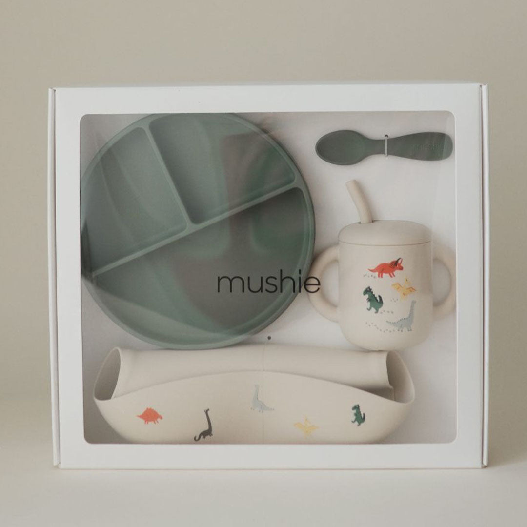 mushie coffret cadeau vaisselle en silicone - dino