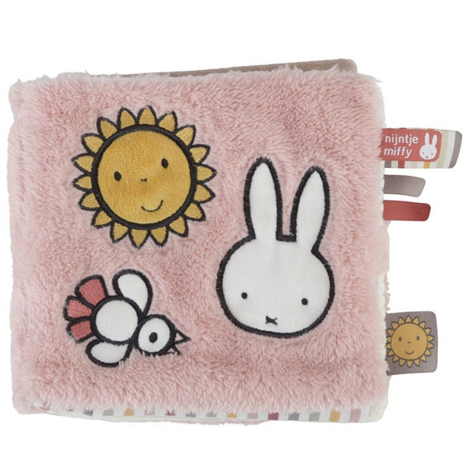 Nijntje roze pluche activiteitenboek voor baby's met Nijntje, een zon en een vogel op de voorkant.