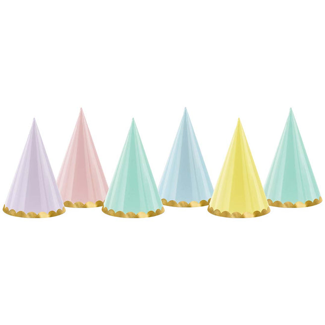 Zes Partydeco feesthoedjes in pastelkleuren met gouden rand, op een rij.
