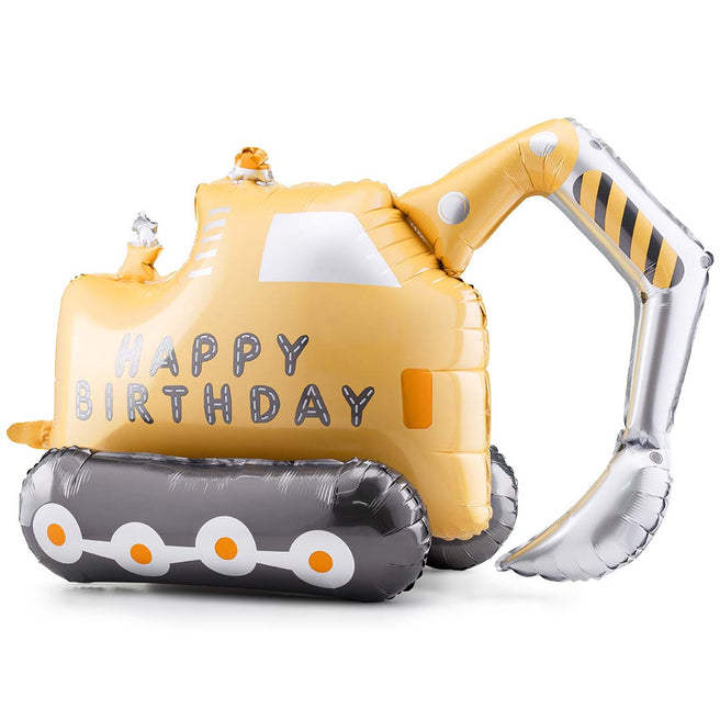 partydeco folieballon in de vorm van een gele graafmachine met de tekst 'Happy Birthday'.