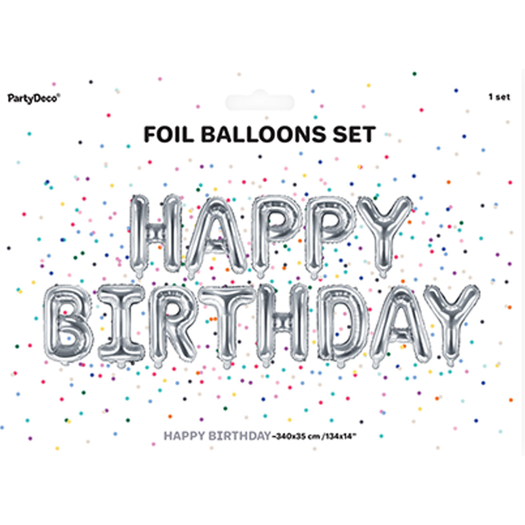 partydeco set de ballons en aluminium happy birthday - argent - 340x35 cm