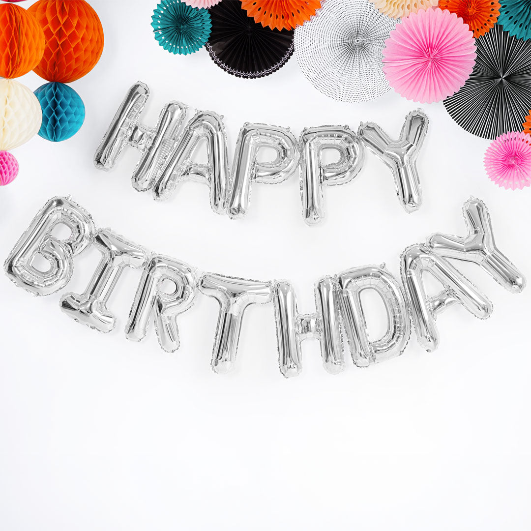 partydeco set de ballons en aluminium happy birthday - argent - 340x35 cm