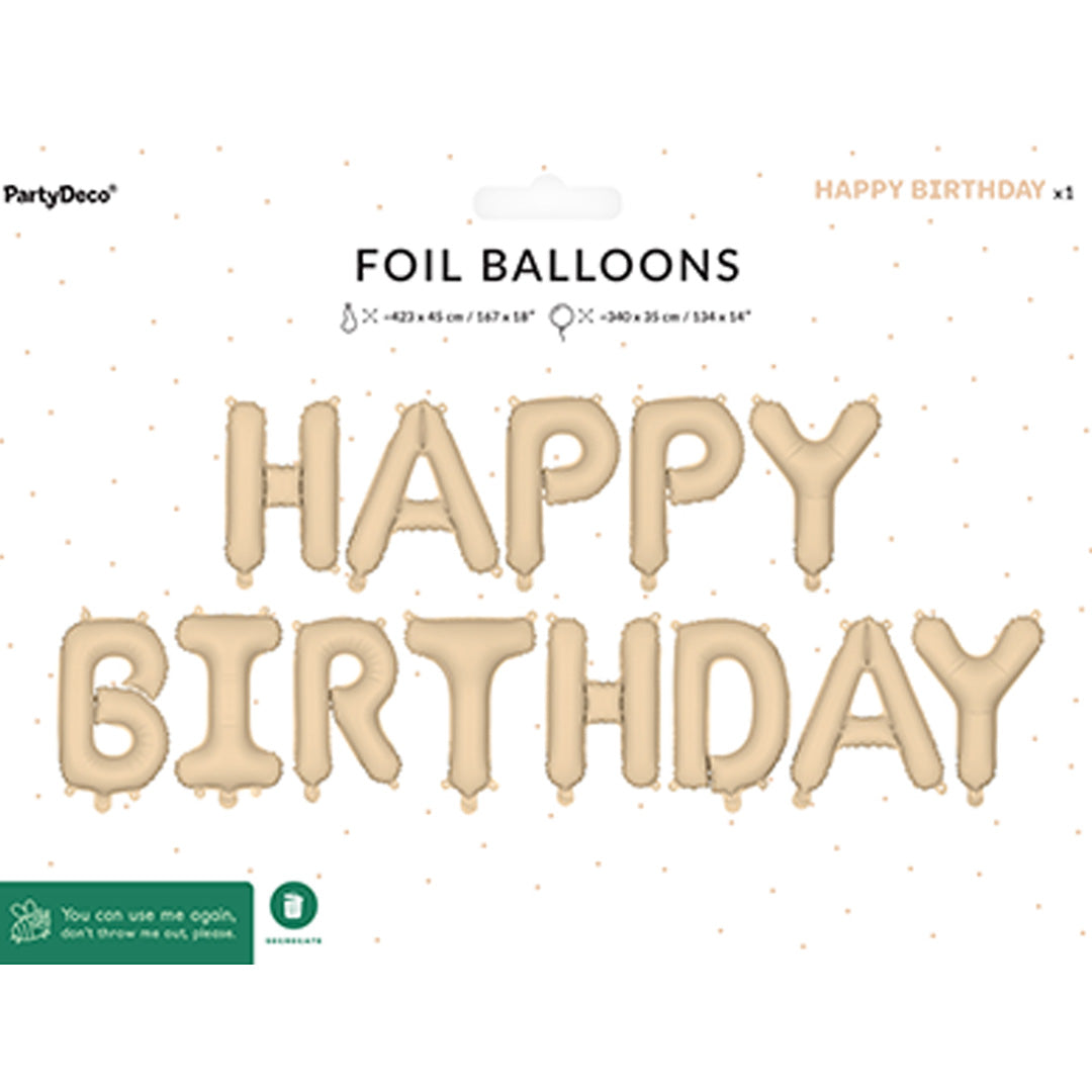 partydeco folieballon happy birthday - beige - 340x35 cm | FB6T-013 | 2