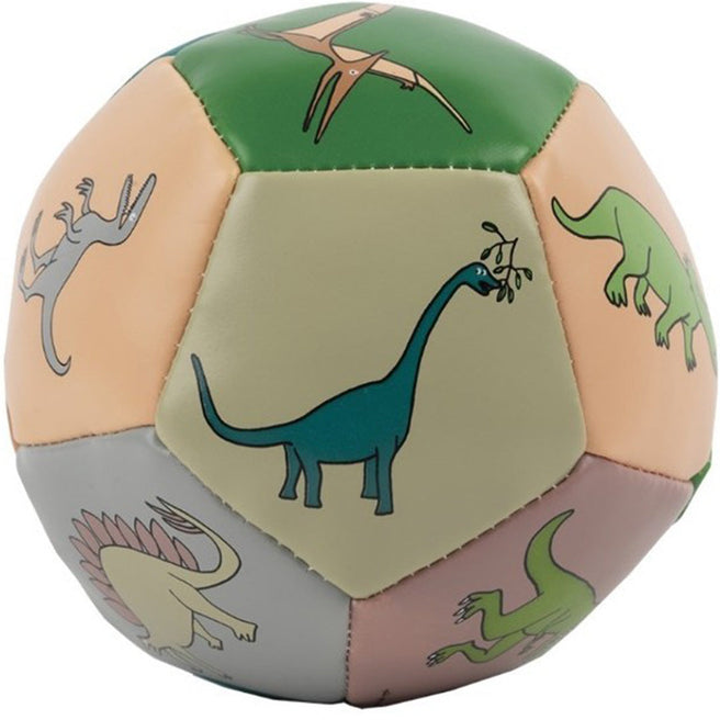 Petit Jour softbal met veelkleurige panelen en dinosaurusillustraties.