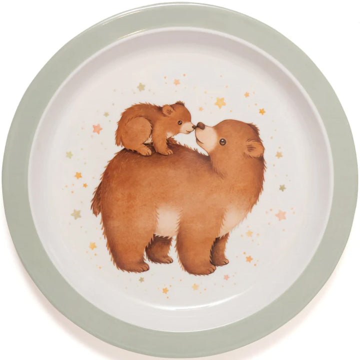 Petit Monkey melamine kinderbord met een illustratie van een grote beer en een beertje die neuzen aanraken, omringd door sterren.