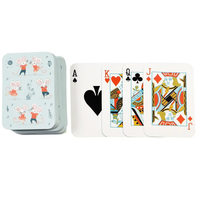 Rex London mini speelkaarten met een stapel kaarten met dansende muizen en vier openliggende speelkaarten.